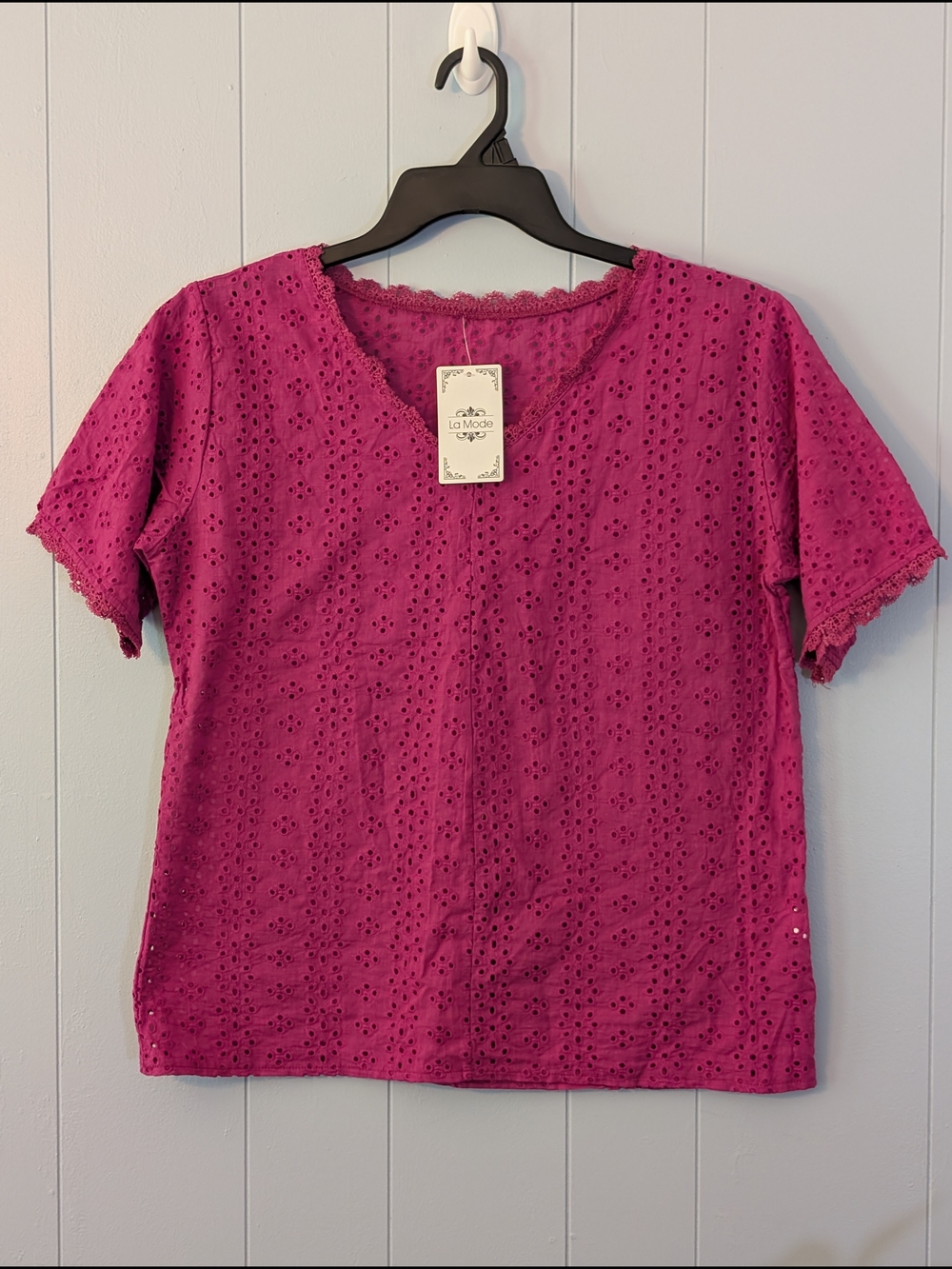 La Mode Fuchsia Eyelet V-Neck Short Sleeve Blouse